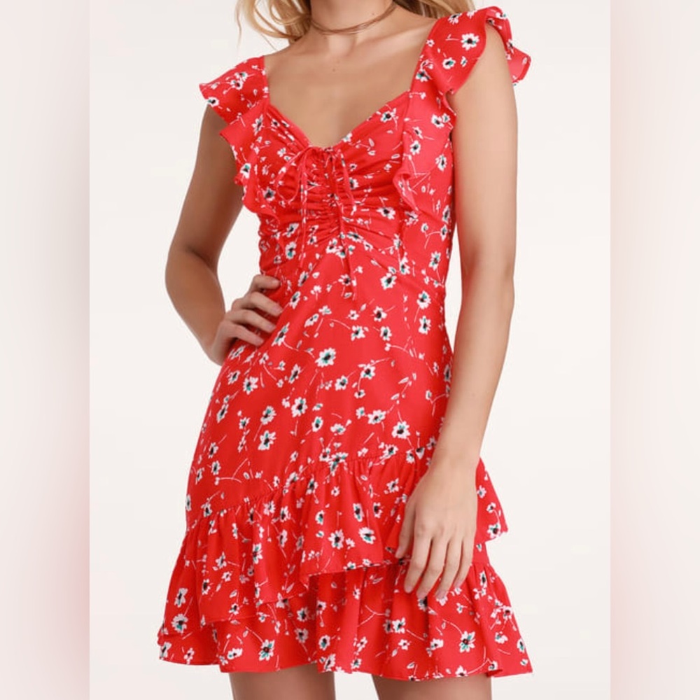 NWT Lulus On the Patio Red Floral Print Ruffled Mini Dress